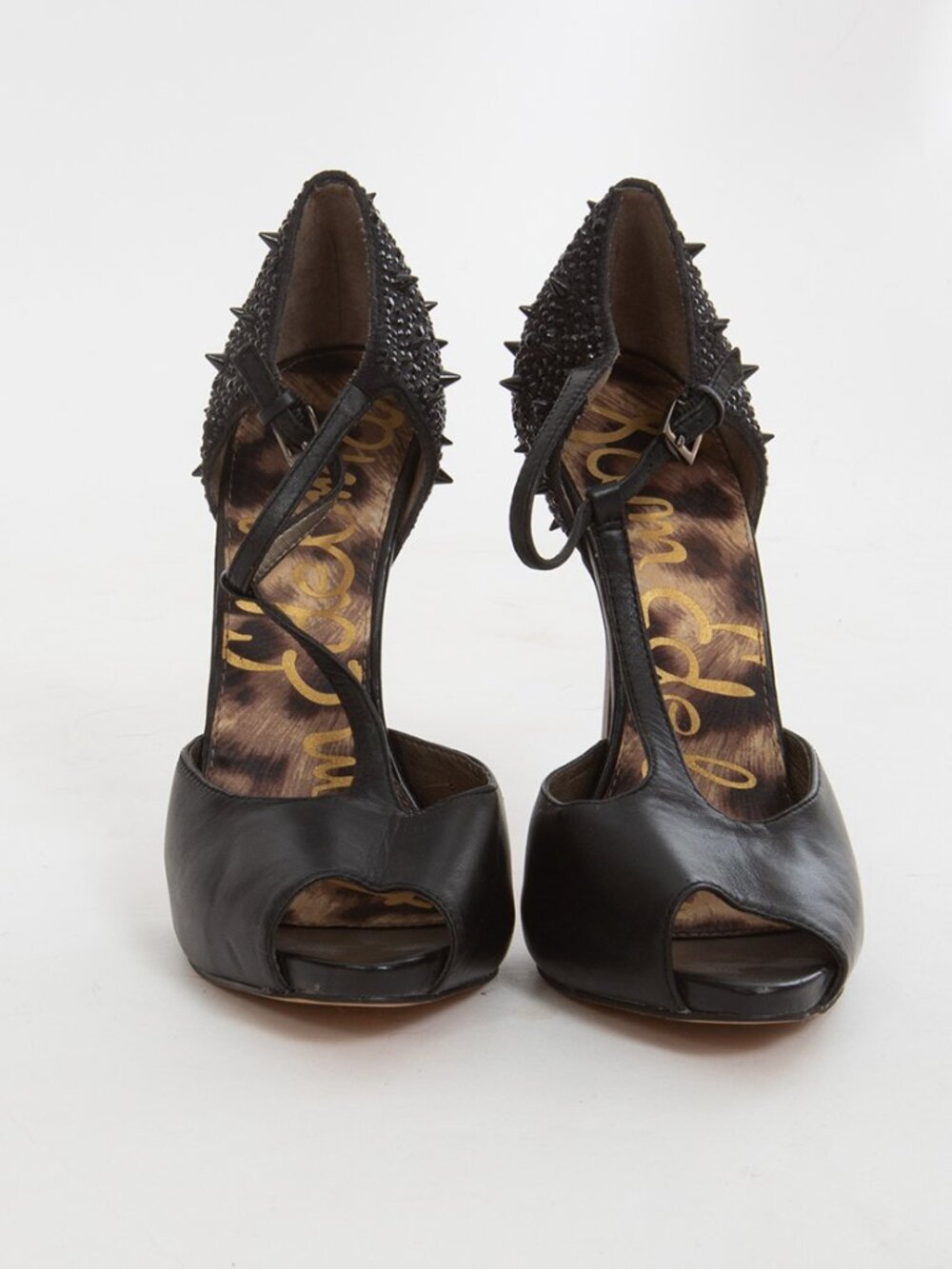 NWOB Sam Edelman Scarlett Black Leather Metal Stiletto Peep Toe Platform Pumps - Picture 2 of 7